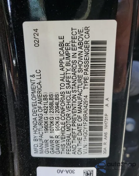 2024 Honda Accord Lx from USA, damaged, VIN 1HGCY1F26RA042914